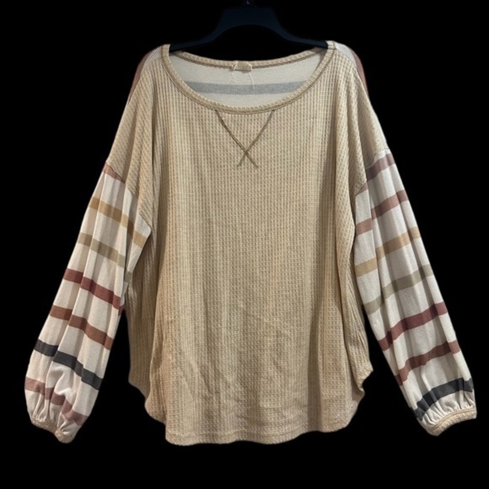 Stripe Balloon Sleeve Waffle Long Sleeve Shirt Sweater Large Neutrals Boho